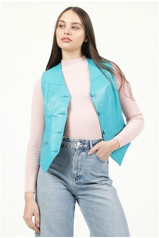 Dericlub Dc-001 Hakiki Deri Kadın Yelek Turkuaz