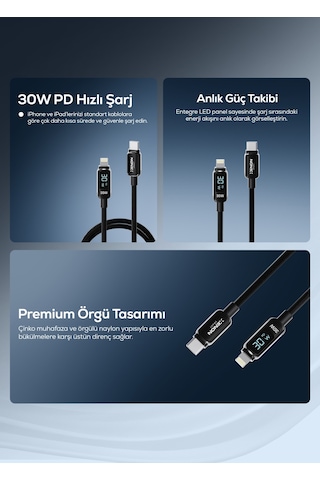 Type-c To Lightning Apple Uyumlu iPhone Şarj Kablosu 30w Pd Hızlı Şarj, 1.2m, Led, Örgü, 480mbps X6426