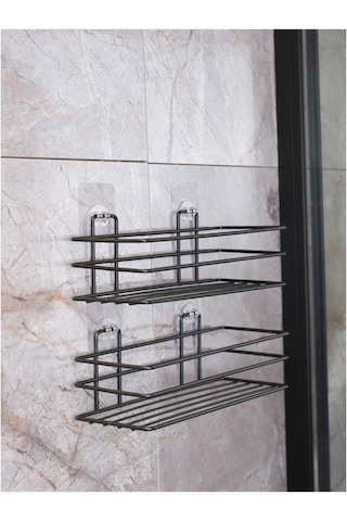 Alper Banyo Yapışkanlı Kancalı 2 Adet Banyo Rafı Banyo Duş Askısı Mat Siyah