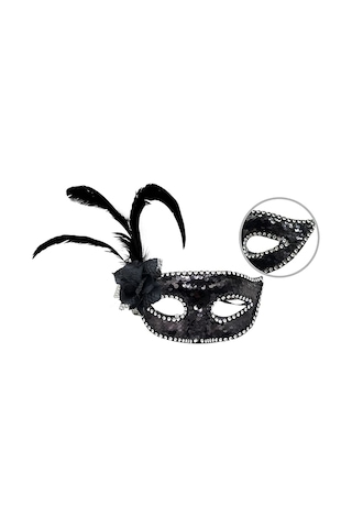 Siyah Renk Yandan Tüylü Güllü Gümüş Taşlı Pullu Maske 20x22 Cm