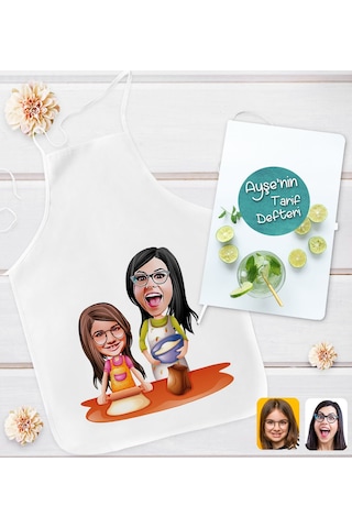 Bk Gift Kişiye Özel Anne Kız Karikatür Tasarımlı Mutfak Önlüğü Ve Yemek Tarif Defteri Hediye Seti-1, Anneye Hediye, Anneler Günü Hediyeleri