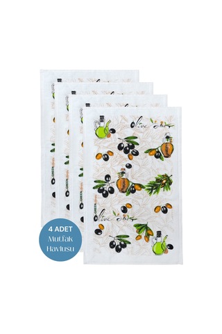 4lü Paket Baskılı Beyaz Mutfak Havlusu Modeli Zeytin