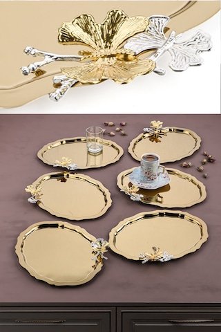 Oval Gold Kelebekli Kahve-çay Sunum Tepsisi 20x25 Cm