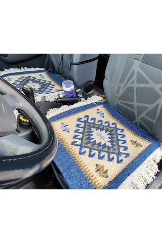 Reversible Oto Koltuk Kilim Seti 3 Parça Makine Dokuma Akrilik & Polyester Saçaklı - Mavi