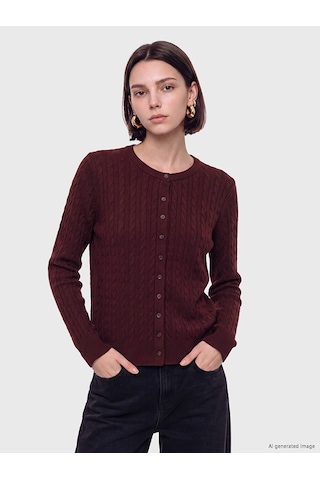 Lcw Modest Bordo Saç Örgüsü Desenli Kadın Triko Hırka