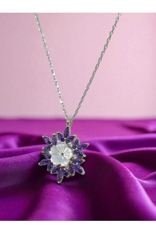 925 Ayar Gümüş Mor Taşlı Lotus Çiçeği Kolye Zarif Tasarım Gümüş