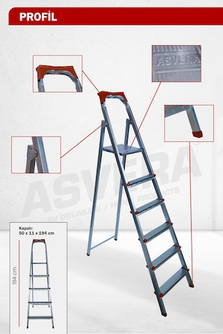Asvera 5+1 6 Basamaklı Ev Tipi Katlanabilir Profil Merdiven - Sağlam Çelik Boya Merdiveni