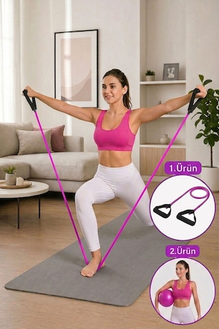 Yüksek Sert Tutacaklı Pilates Direnç Lastiği + Denge Topu 2li Set Mor