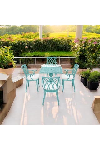 Line Turkuaz Kare Masa Takımı Rehome Bahçe Döküm Mobilya Turkuaz