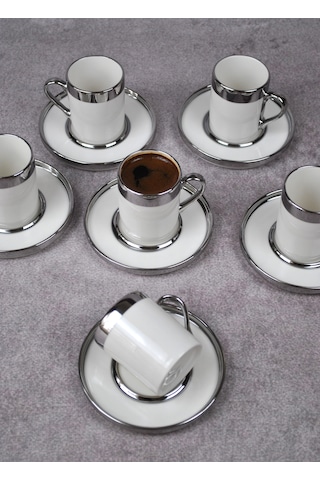 6 Kişilik 12 Parça Porselen Türk Kahve Fincan Takımı 110 Ml Sılve