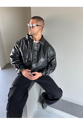 Siyah Oversize Dolgulu Bomber Deri Ceket Siyah