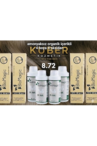 Biomagic 8.72 Açık Küllü Kumral Organik İçerikli Amonyaksız Kalıcı Kokusuz Saç Boyası 4 Boya+ 4 Oksidan