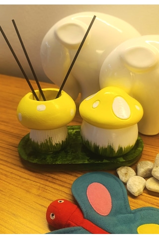 Artepieza El Yapımı Sarı Beyaz Mantar Figürlü Saksı Takımı Dekorasyon Seti 01