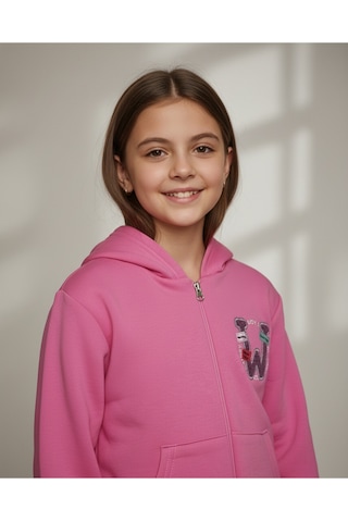 W Nakışlı Süzene Kız Çocuk Hırka Pembe Pembe