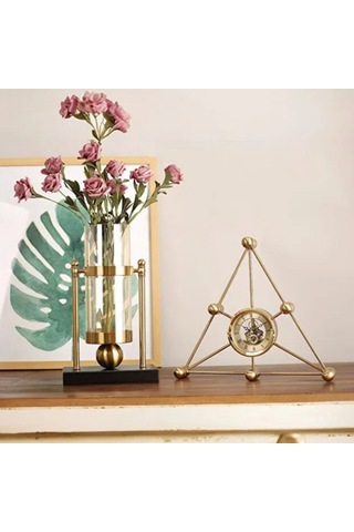 Üçgen Moleküler Tasarım Iskelet Mekanizmalı Gold Metal Masa Saati 35x30 Cm - Çarklı Lüks Ofis Çalışma Masası Aksesuarı