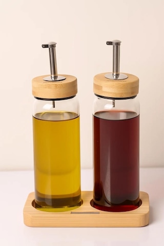 Bambu Kapaklı Cam Yağlık & Sirkelik Seti 2'li Standlı 300ml Şeffaf