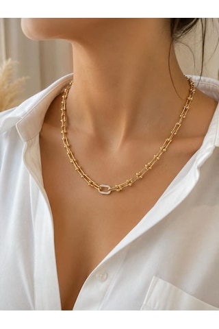 Gold Zincir Tek Halka Zirkon Taşlı Çelik Kolye Altın