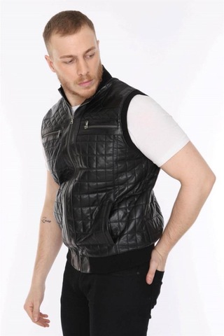 Hakiki Deri Siyah Işlemeli Lastikli Erkek Deri Yelek Siyah