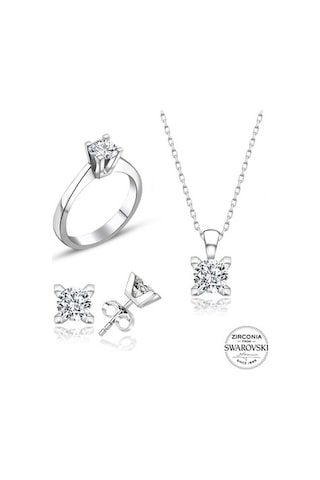 Sertifikalı Swarovski Taşlı Klasik Tek Taş 925 Gümüş Set Takım
