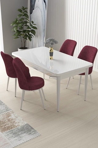 Canisa Concept Nil Serisi 70x110 Sabit Mutfak Masası Takımı Beyaz Masa 4 Bordo Sandalye Bordo