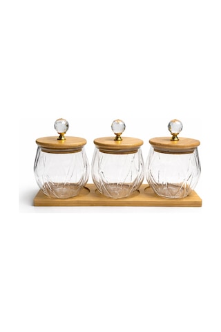 Kristal Kulplu Cam Kavanoz 10x10 Cm Seti 3 Lü Bambu Kapaklı & Ahşap Altlıklı Dekoratif Saklama Kabı Şeffaf