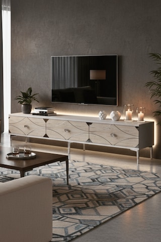 Tsa1897bts - Alfa Tsa180 Tv Stand, Tv Sehpası Ve Tv Ünitesi Beyaz - Traverten - Sılver 180cm