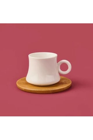 Mien-23405 Bambu Tabaklı 6lı Kahve Fincan Takımı Ahşap - Beyaz