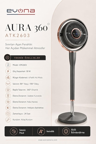 Aura 360, 6 Kademeli Hız Ayarlı Akıllı Vantilatör, 360 Derece Salınım / 80 Yatay Salınım, 180 Dikey Salın