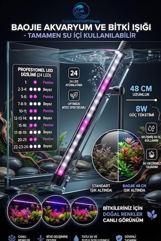 Baojie Akvaryum Işığı - Bitki Işığı - Balık Işığı - Tamamen Su Içinde Kullanılabilir - 24 Led - Pembe Beyaz - 48 Cm - Güçlü Aydınlatma - 8w