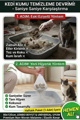 3'lü Elekli Kedi Kumu Filtresi Poşeti 80x120 Cm Jumbo Boy , Lastikli Ve Yırtılmaz Kedi Tuvaleti Temizleme Filesi, Açık Ve Kapalı Kedi Tuvaletleri İle Uyumlu Pratik Elek