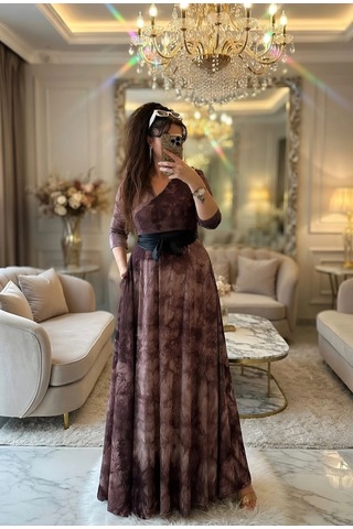 Azra Butik Tam Boy Kahve Dalga Desen Elbise