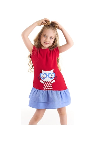 Denokids Kedi Fırfırlı Kırmızı Kız Elbise Kırmızı