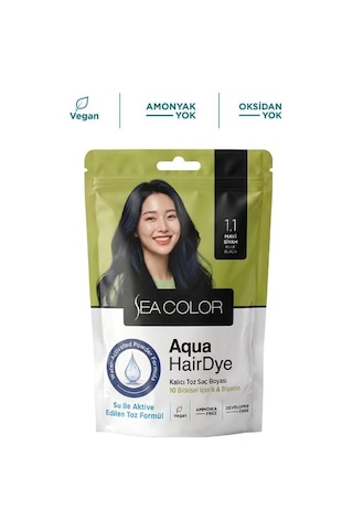 Sea Color Aqua Hair Dye Vegan & Amonyaksız Su İle Aktive Edilen Kalıcı Saç Boyası Toz 1.1 Mavi Siyah