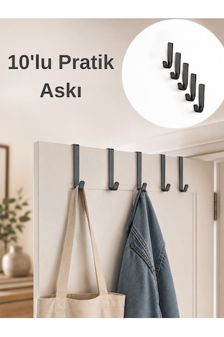 Beylini 10'lu Pratik Askı Kapı Banyo Mutfak Düzenleyici Askı Seti Pratik Kanca Askılık Basit Pratik Tak Çıkar Antrasit