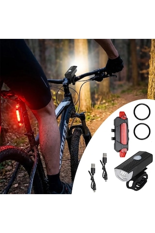 Bisiklet Işık Seti Usb Şarjlı Led Ön Far + Arka Stop Lambası, Su Geçirmez Bisiklet Aydınlatma Seti Diğer