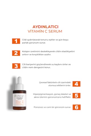 Sinoz Ton Eşitleyici Aydınlatıcı Vitamin C %4 Niacinamide %2 Yüz Serumu Tüm Ciltler İçin 30 ML
