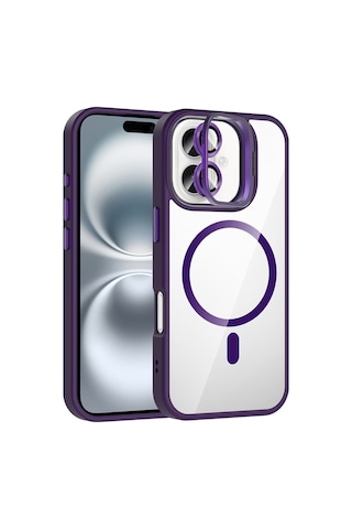 Apple Uyumlu iPhone 16 Plus Kılıf Standlı Ve Kamera Lens li M-safe Şarj Uyumlu Etro Kapak - Derin Mor