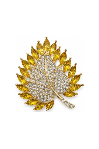 Hediye Sarı Taşlı Yaprak Kadın Broşu Gold Renk Kristal Taş Detaylı Açık Gri