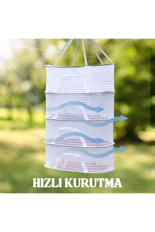 Dört Raflı Bölmeli Açık Havada Güneşte Bitki Meyve Sebze Çamaşır Kurutma Filesi Askısı Aparatı Aleti Beyaz - Gri