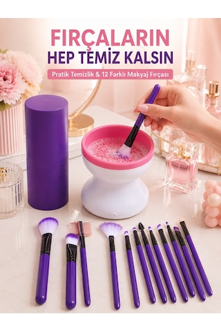 12 Li - 980 - Makyaj Fırça Seti Ve Elektrikli Fırça Temizleme Cihazı Avantajlı İkili Makyaj - Spt-gld - Bakım Seti