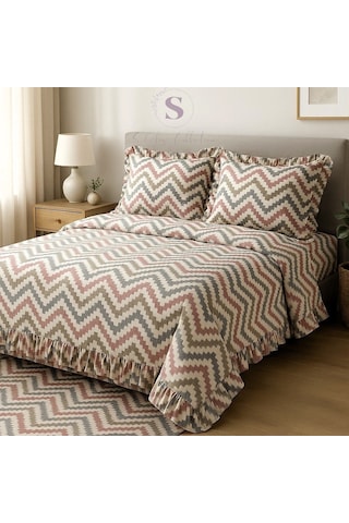 Chevron Desenli Fırfırlı % 100 Pamuk Çift Kişilik Nevresim Takımı Çok Renkli