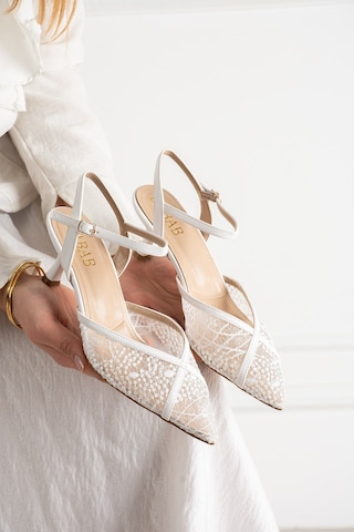 Dabab Shoes Laceva Kadın Beyaz Dantel Detaylı Sivri Burun 6 Cm Topuklu Slingback Ayakkabı