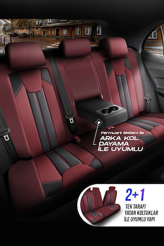 Bordo - Siyah Panda Carlone Serisi Ful Deri Oto Koltuk Kılıfı - Tam Set