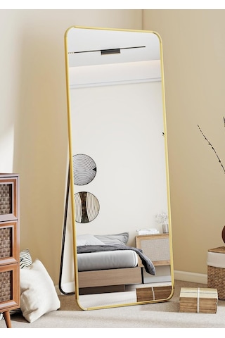 Pera 140x55 Yuvarlak Köşeli Yer Aynası Ayaklı, Asılı, Duvara Yaslı, Yatak Odası, Giyinme Odası Gold