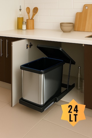 Cassone 24 Litre, Dolap İçi Teleskopik Raylı Paslanmaz Krom Çöp Kovası, Minimum Kapak Genişliği 40 Cm Antrasit