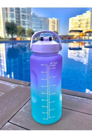 Motivasyonel Su Matarası Mor Suluk 2 Litre Spor Salonu Su Şişesi + Sticer