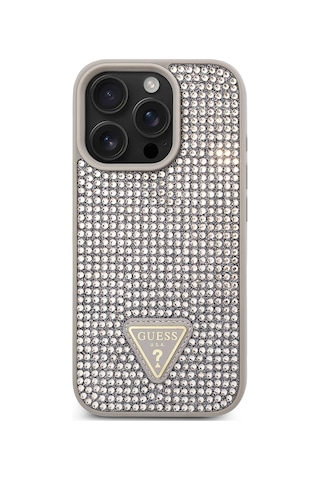 Apple Uyumlu iPhone 16 Pro Max Kılıf Guess Lisanslı Üçgen Logolu Taşlı Kapak Gümüş