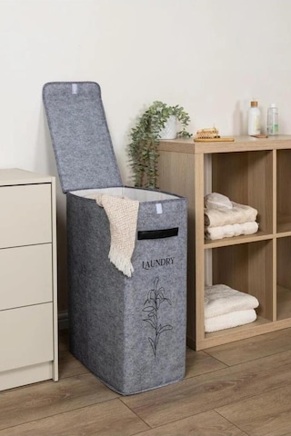 Flosoft Deri Detaylı Kapaklı Keçe Çamaşır Sepeti, Çok Amaçlı Çamaşır Oyuncak Saklama Kutusu Gri