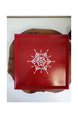 Yeni Yıl Tepsisi Ahşap Dekoratif Kare Kahve, Çay, Söz, Nişan, Sunum , Servis Tepsisi Kırmızı