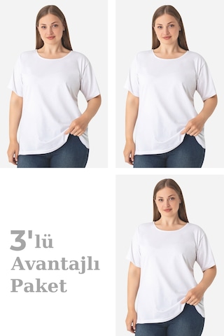 Arma Yıldız Kadın Büyük Beden Pamuklu Basic Kısa Kollu Bisiklet Yaka Tişört Beyaz 3'lü Paket